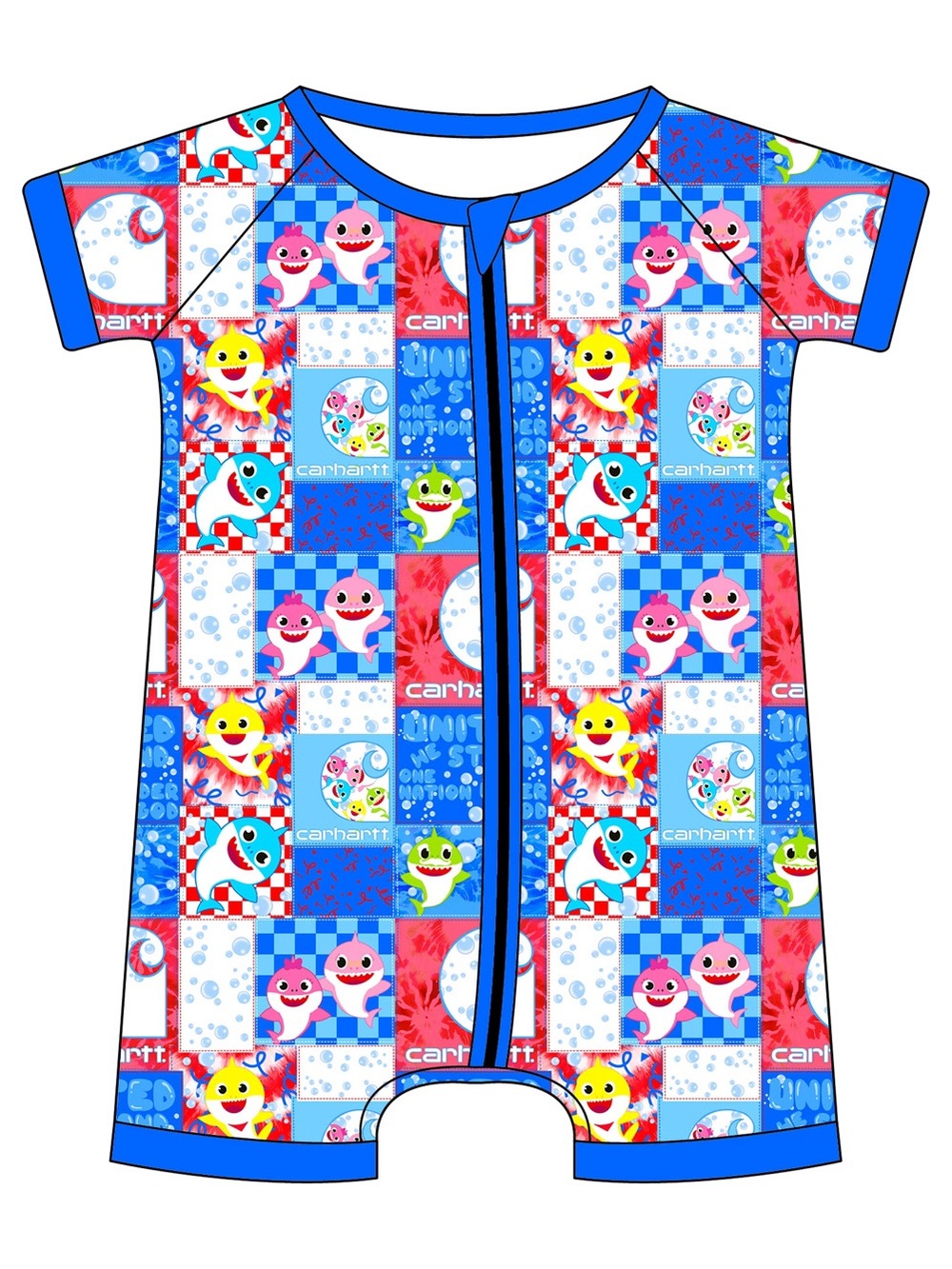 BAMBOO Baby One-Piece double zip shortie in Blue, Red, White